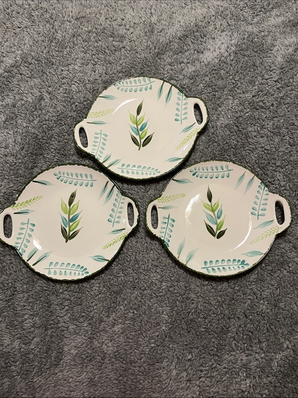 Hand-Painted Leaf Ceramic Serving Dishes Set of 3, Cream & Teal Round Bake Dish